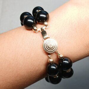 14K Yellow Gold Black Onyx Bead Double Strand Bracelet 8" 41.9g Estate VGUC
